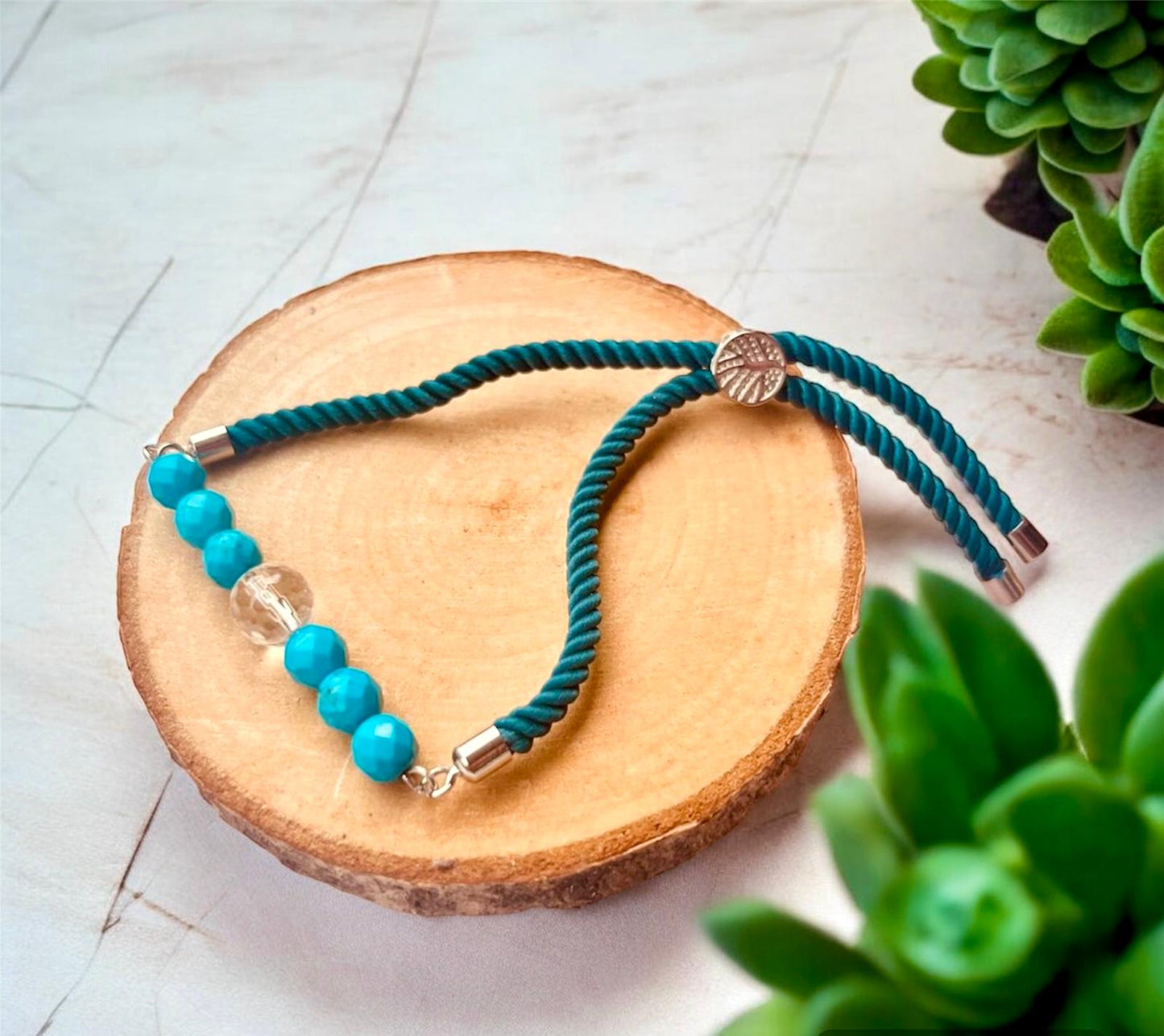 PULSERA SEDA TRENZADA ACERO TURQUENITA Y CUARZO