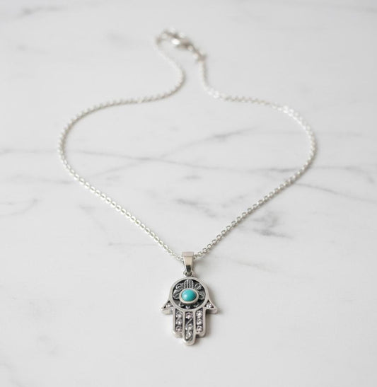 COLGANTE MANO DE FÁTIMA CON TURQUESINA (PLATA)